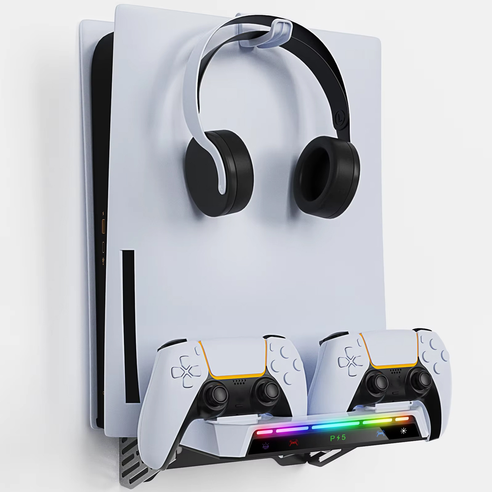 ウォールマウントキット PS5/プロ/スリムコンソール用 RGB ライト充電ステーションヘッドセットハンガー PS5 デュアルコントローラーアクセサリー用
