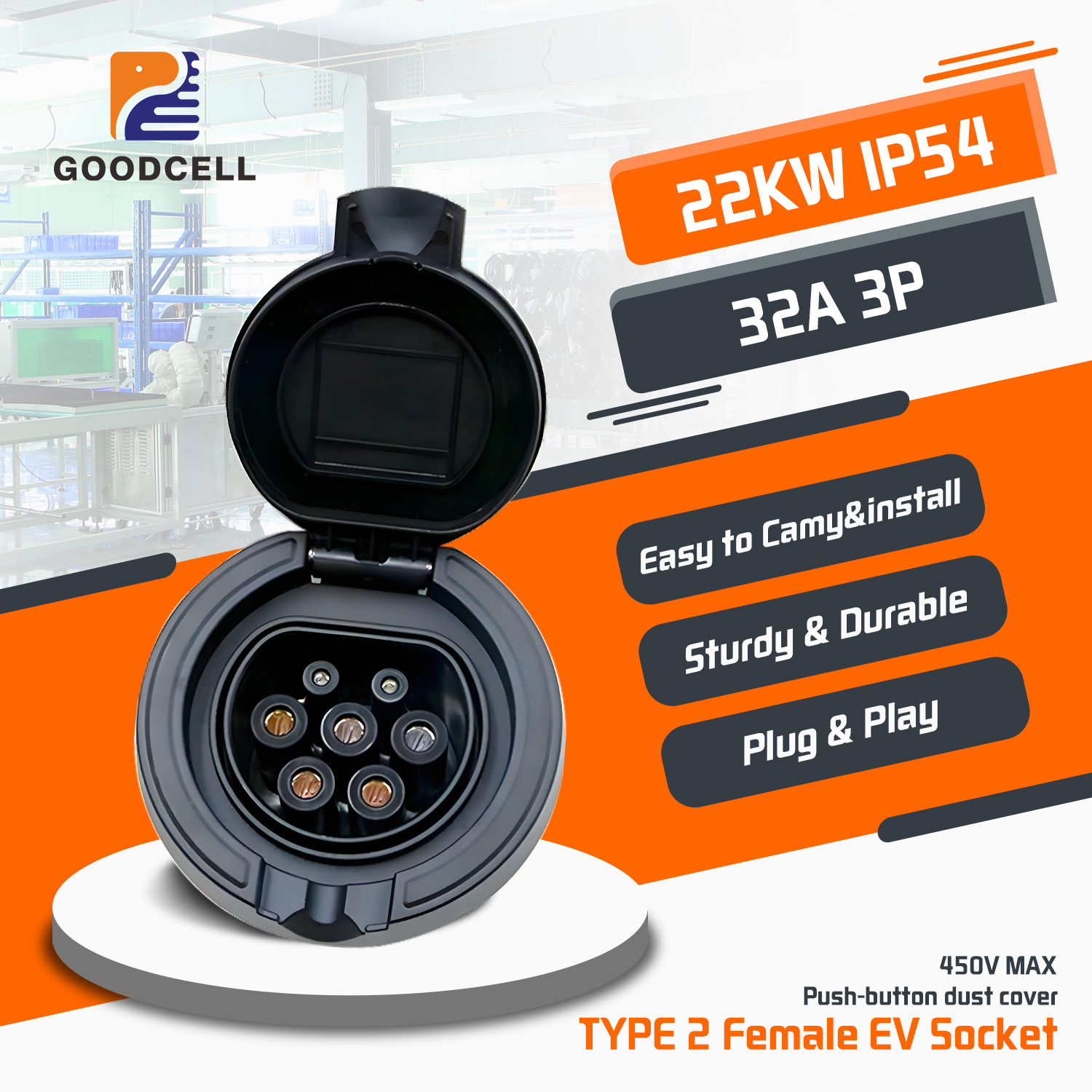 GOODCELL 22kw メスソケット EV 充電器ソケットに設置タイプ 2 IEC 62196-2 EV 充電ステーション 16A 32A シングル三相