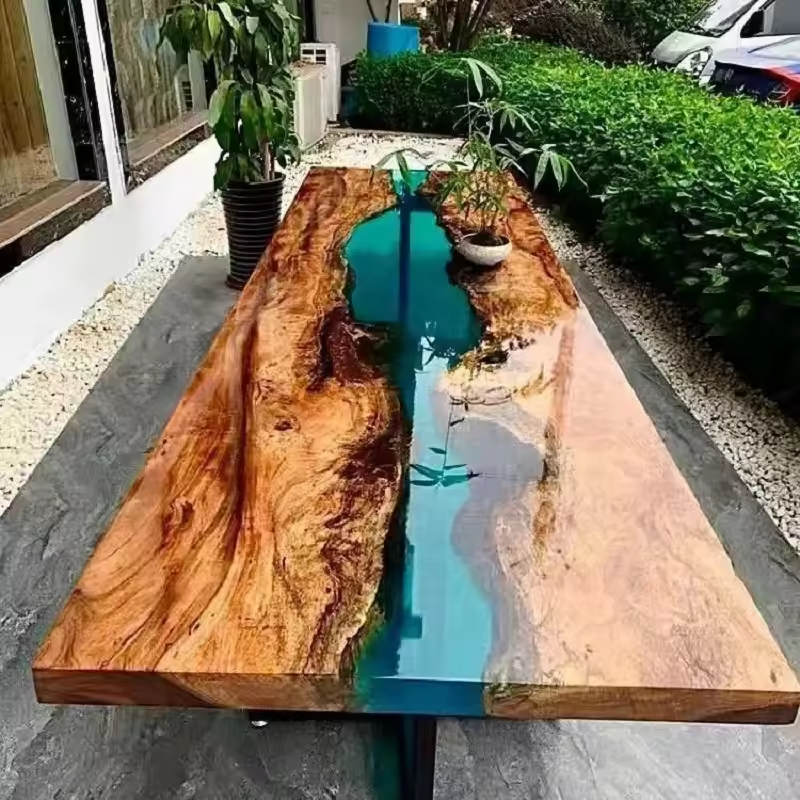MORE DESIGN 高級リバー オーシャン ライブ エッジ エポキシ無垢材ウォールナット材ダイニング樹脂テーブル