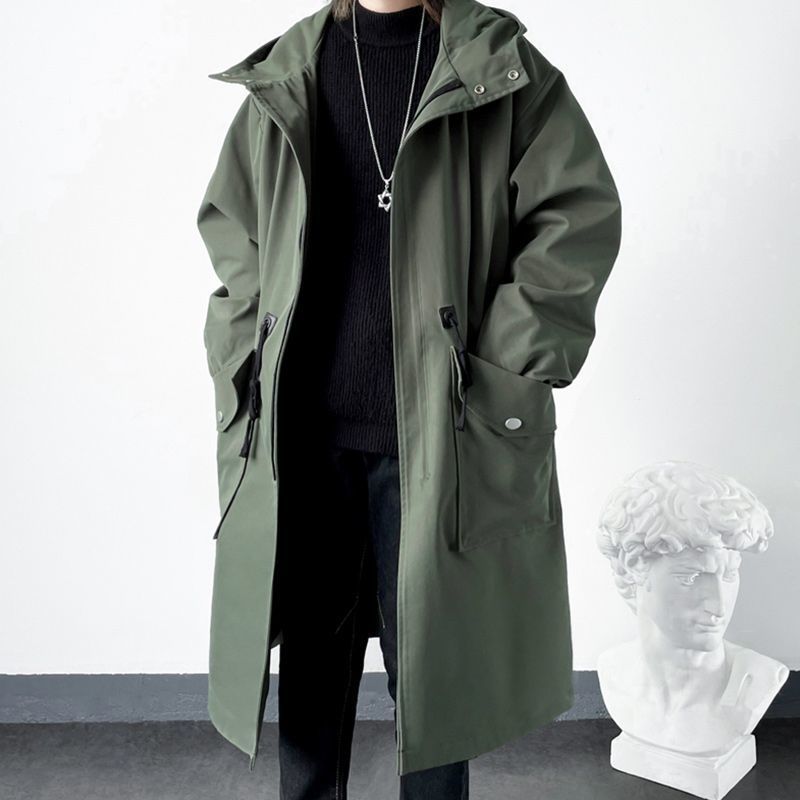 KIDWHXR 男性トレンチコート春秋ミッドレングスフード付きカジュアル男性ウインドブレーカーファッション Simlpe 無地ポケット男上着