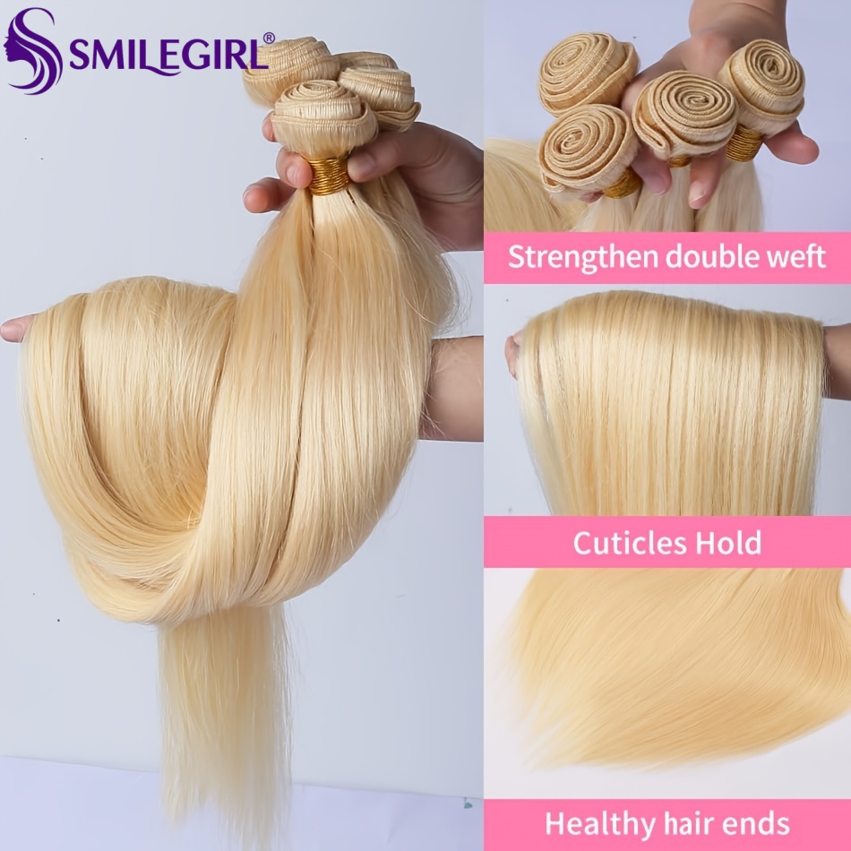 Smilegirl 613 ストレートバンドル人毛生キューティクル整列ブロンドバージンヘアバンドル未処理ブラジリアンヘア織りダブルマシン横糸ソフトスムーズヘアエクステンション女性用サロンデイリーヘアスタイル
