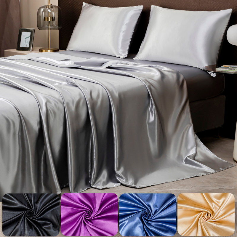ソリッドカラーのサテンシーツと枕カバーセット、シルクのような光沢のある豪華な寝具アンサンブル、ツイン/フル/クイーン/キングサイズ