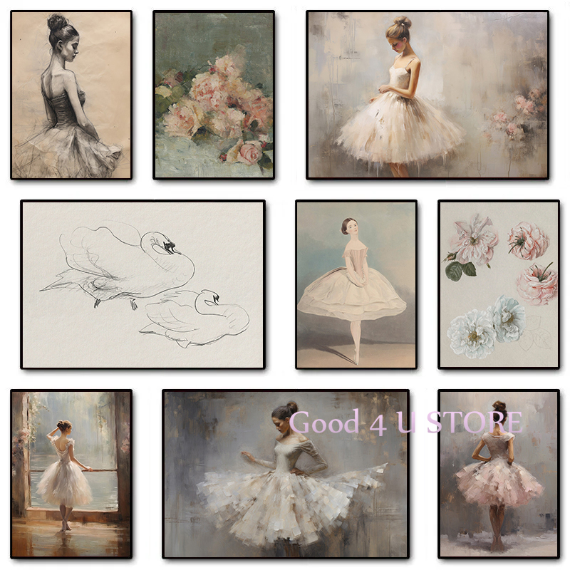 アンティークバレリーナピンク落書き花バレエ少女白鳥ポスターとプリントキャンバス絵画壁写真女の子の部屋の家の装飾