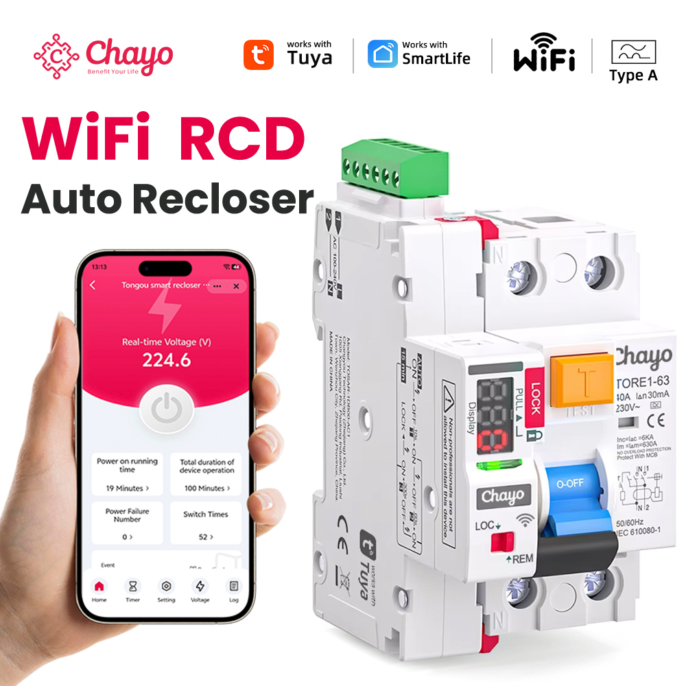 タイプ A RCD RCCB 6KA 2P 16A 25A 32A 63A 30mA WiFi スマート自動再閉路電気機械式残留電流サーキットブレーカー Chayo