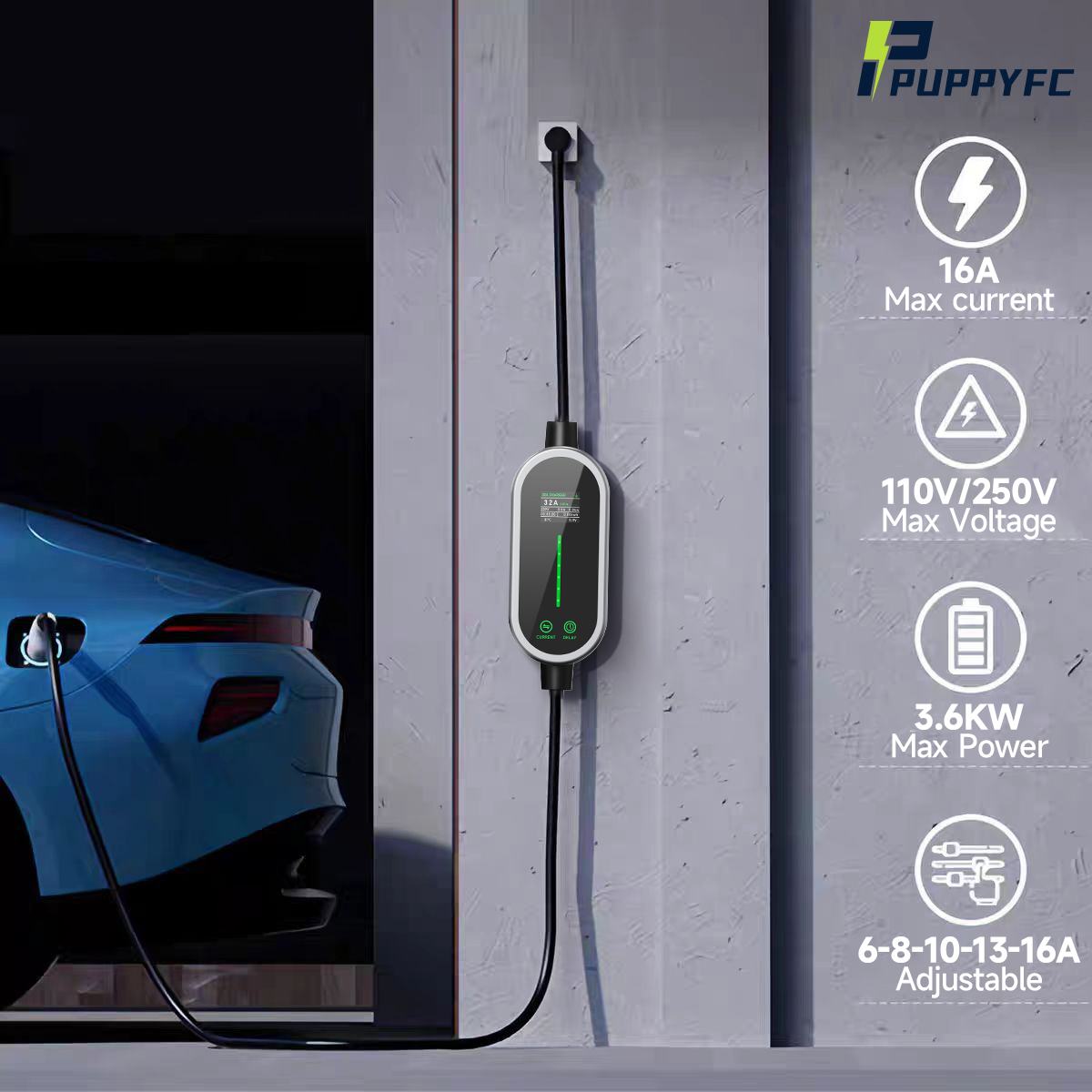 Puppyfc Type2 ポータブル EV 充電器 3.5KW 16A Type1/GBT 電気自動車 EVSE 高速充電ケーブル ウォールボックス スマート WiFi Bluetooth 制御