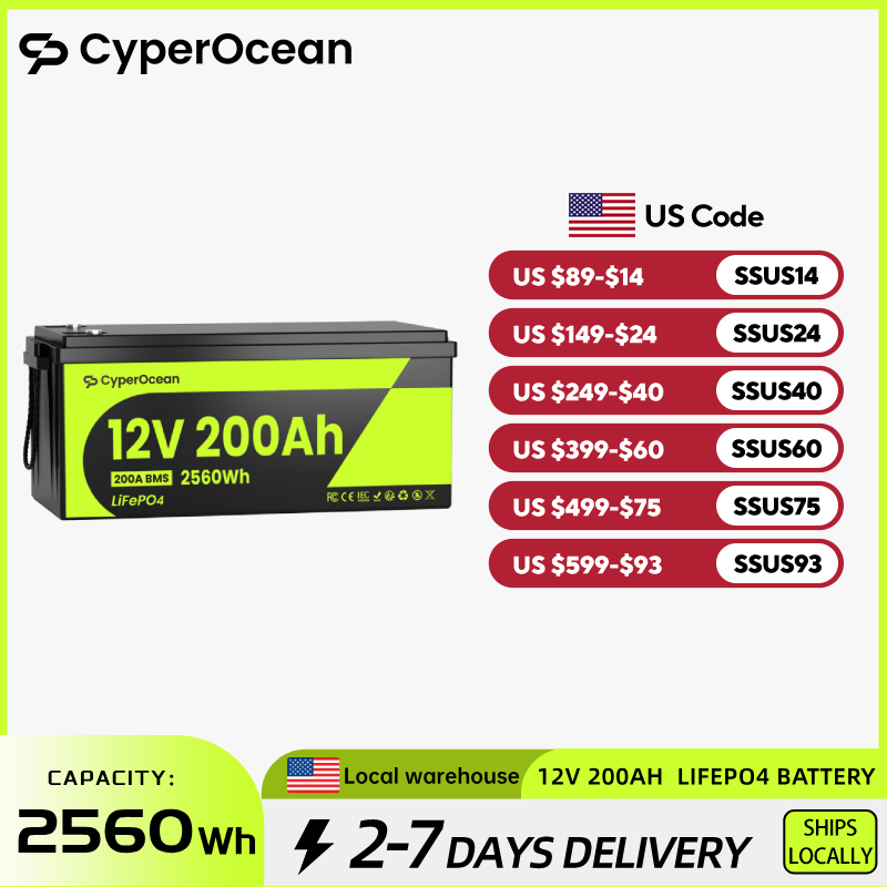 CyperOcean 12V 200Ah LiFePO4 バッテリー 200A BMS 15000 サイクル低温保護 2560Wh RV/マリン/UPS/ホームストレージ/オフグリッド用