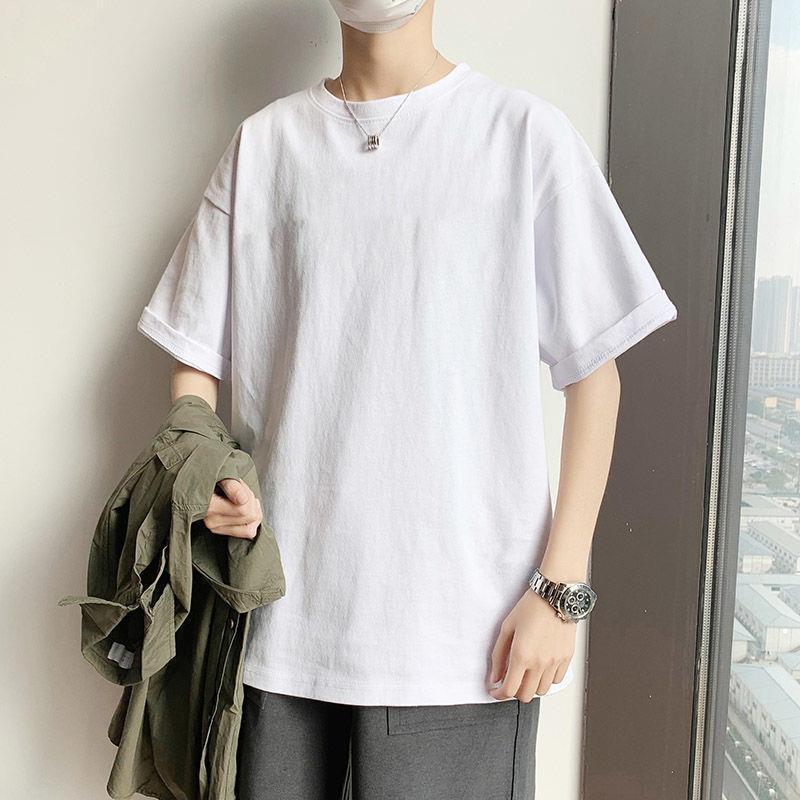 夏のトレンディなメンズヴィンテージ半袖通気性ルーズフィット Tシャツ 180 グラムソリッドパターンピュアホワイトベースシャツ