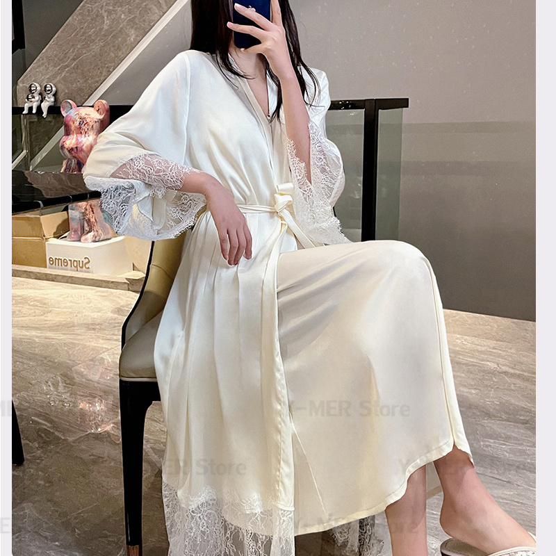 エレガントなロングウェディングローブセット 2 個 Vestidos デノビアセクシーなレーストリム寝間着女性パジャマ緩い夏新しい Vestidos