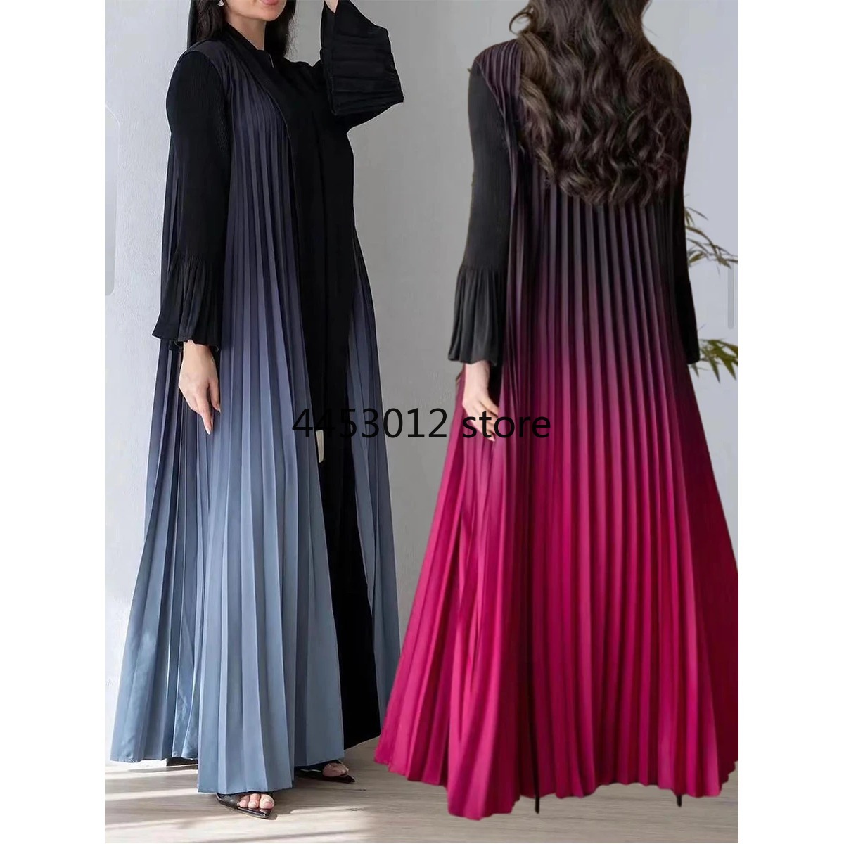 プリーツグラデーションイスラム教徒アバヤ女性 Abayas サウジアラブフレアスリーブカーディガンドレスカフタンマキシ Vestidos モロッコカフタンロングローブ