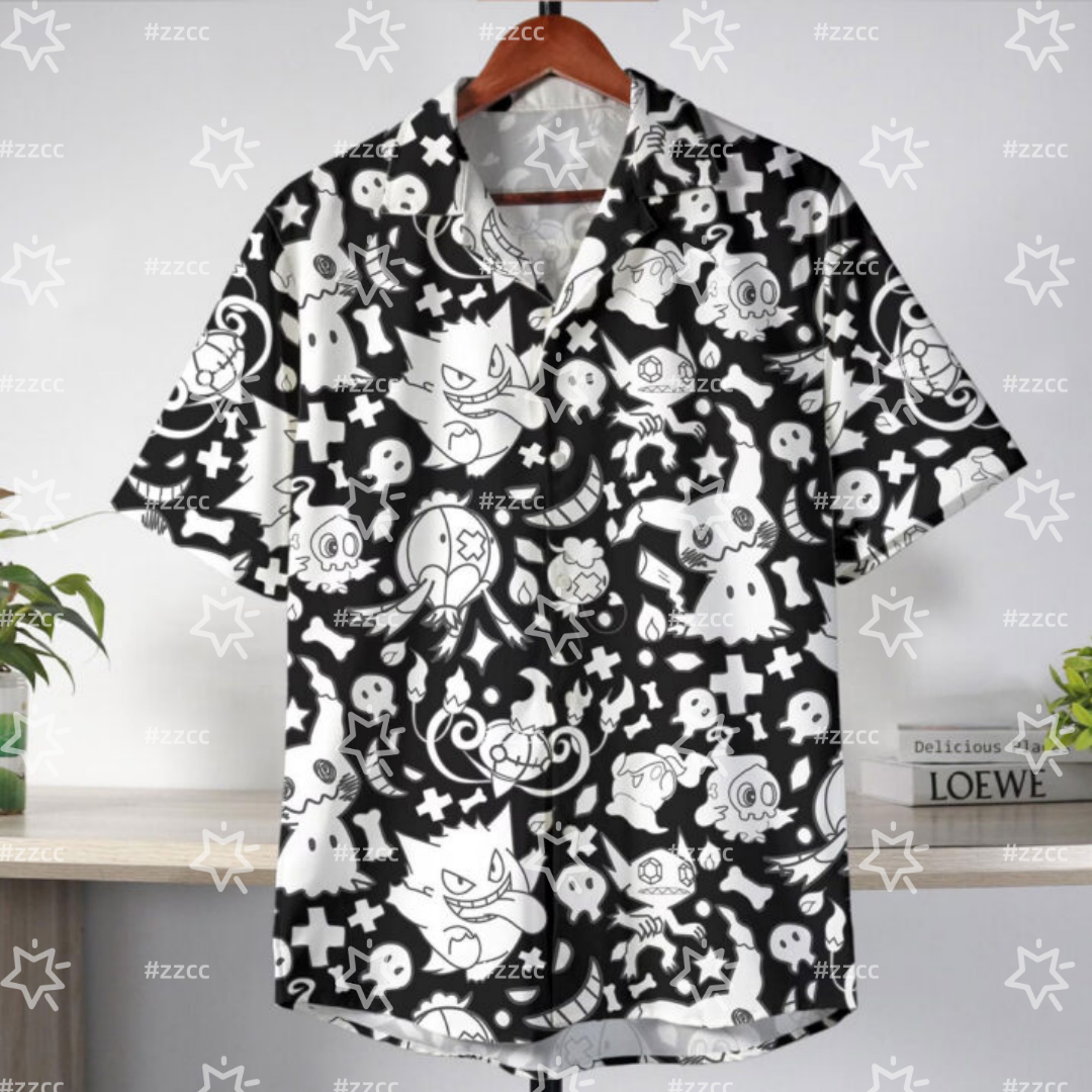 2026 ポケモンプリントポケモンゴーストタイプアロハパターン黒アロハシャツメンズ Tシャツ子供服 Tシャツ Y2k 女性
