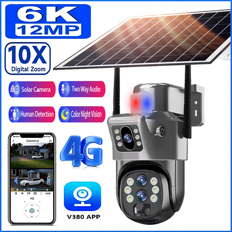 12MP 10X ズーム 4G Sim ソーラーカメラデュアルスクリーン監視屋外 6K 3 レンズ PTZ 自動追跡 360 CCTV セキュリティカメラ V380
