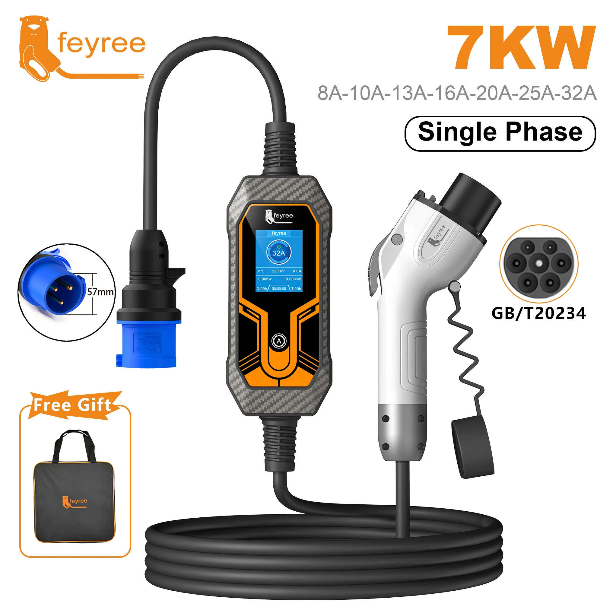 Feyree GB/T コード 7KW 32A 1 相 EV 充電器 5 メートル充電ケーブルポータブル充電ボックス電流調整可能電気自動車車