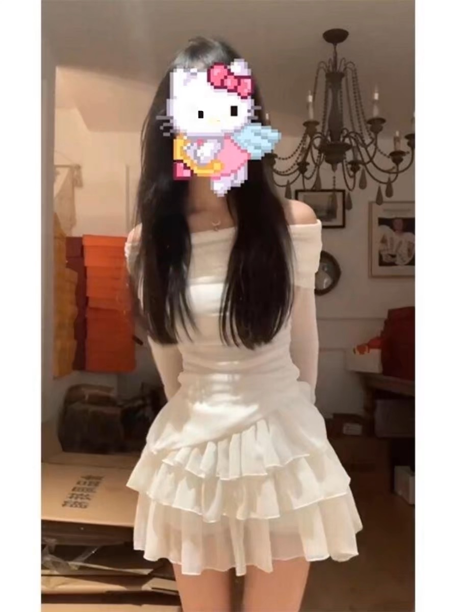 シックな甘いスパイシーな純粋な欲望スタイルのケーキスカートセット女性のワンショルダーふわふわスカート 2 点セット夏のファッションアンサンブル