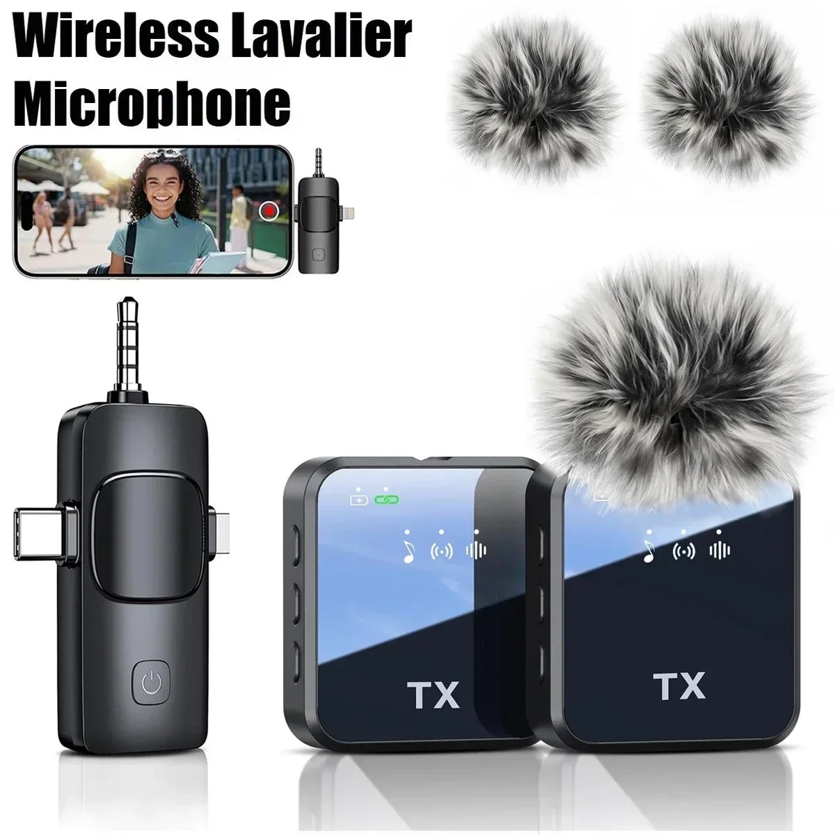 ワイヤレスラベリアマイク カメラ、iPhone、Android、マイクリバーブサウンドビデオ録音ポッドキャストノイズリダクションクリップマイク用