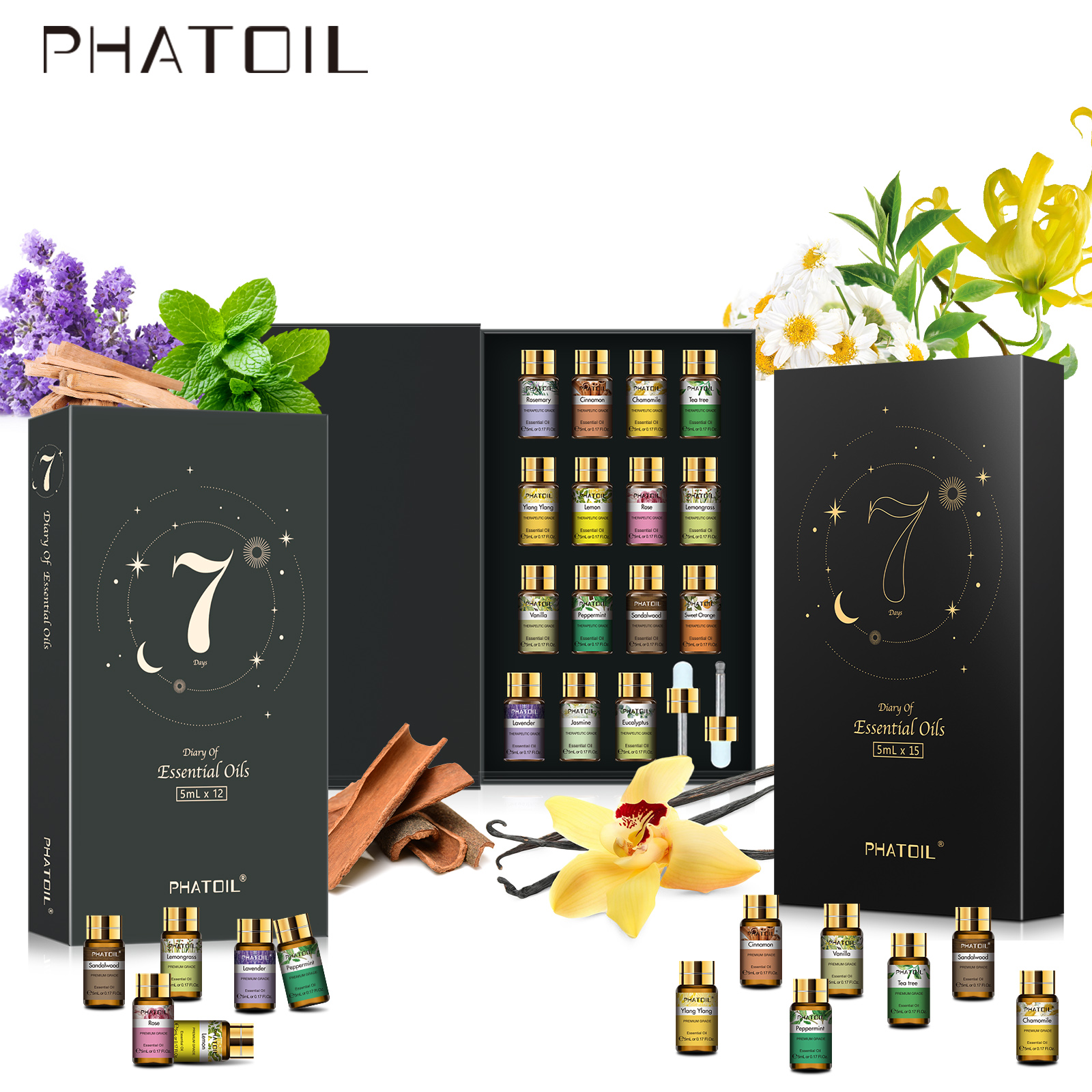 PHATOIL 12pcs/15pcs Aromatherapy Essential Oil Set-5ml Lavender Vanilla Bergamot Ylang Lemongrass Peppermint Rose Lemon Aroma