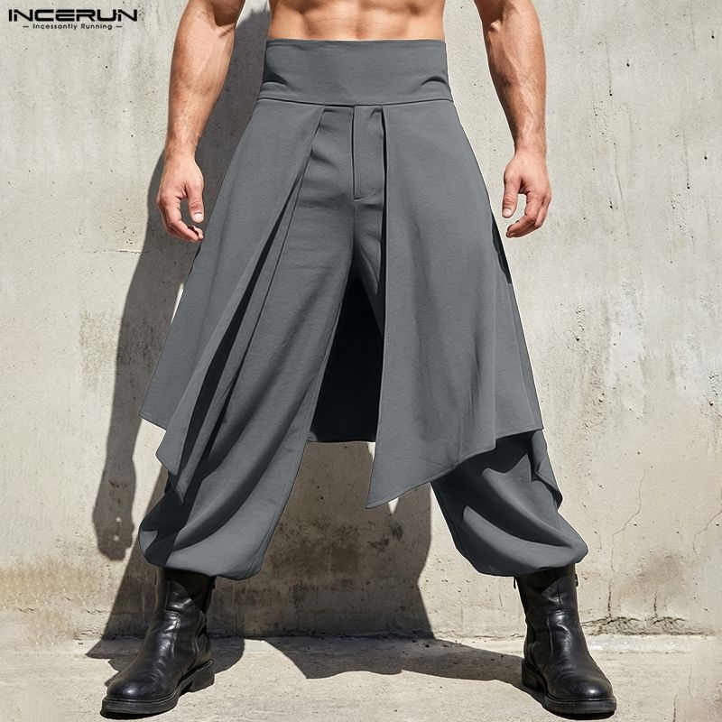 INCERUN 男性不規則なパンツ無地ジョガー弾性ウエストズボン男性ストリートルーズ 2026 ファッションカジュアル男性長ズボン