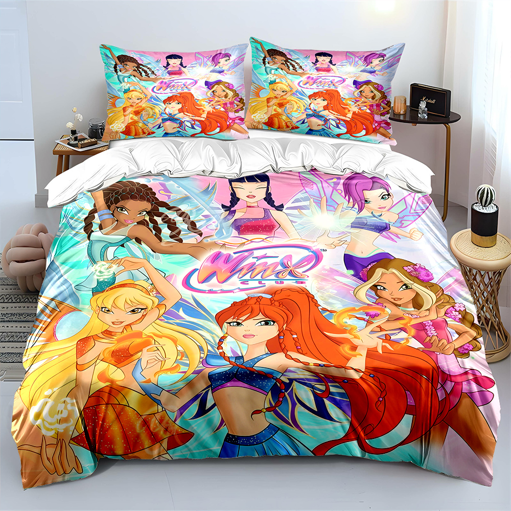 美しい女の子 W-winx 漫画のパターン布団カバーセットデジタルプリントカラフルなポリエステル寝具ジッパークロージャー付きキッズギフト用