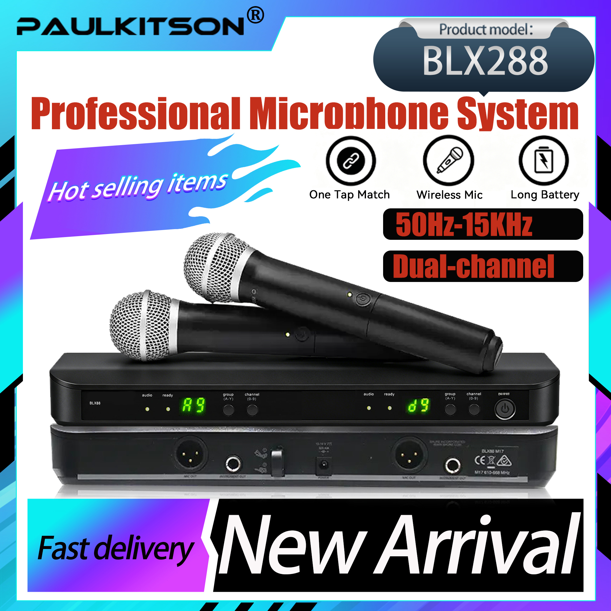 Paulkitson BLX288 UHF デュアルチャンネルワイヤレスハンドヘルドマイク 50Hz-15KHz ワンタップマッチプロステージカラオケライブボーカルマイクキット