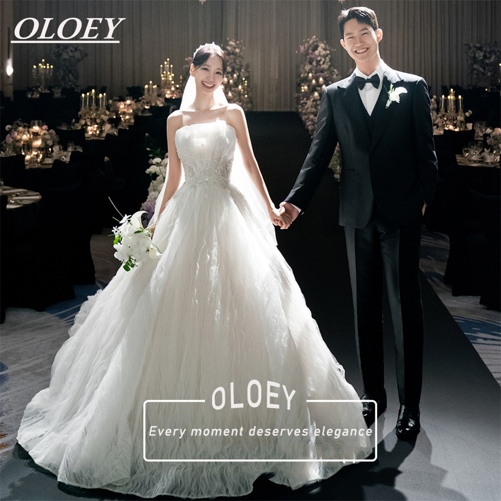 OLOEY 高級ストラップレス A ラインのウェディングドレスプリーツチュールウエストビーズアップリケブライダルドレス韓国写真撮影コルセット Cutsomized