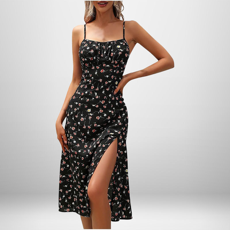 VEITCHE 夏の女性の花柄スパゲッティストラップ自由奔放に生きるビーチドレスプリントエレガントなサスペンダースクエアネックスリットドレス Vestidos
