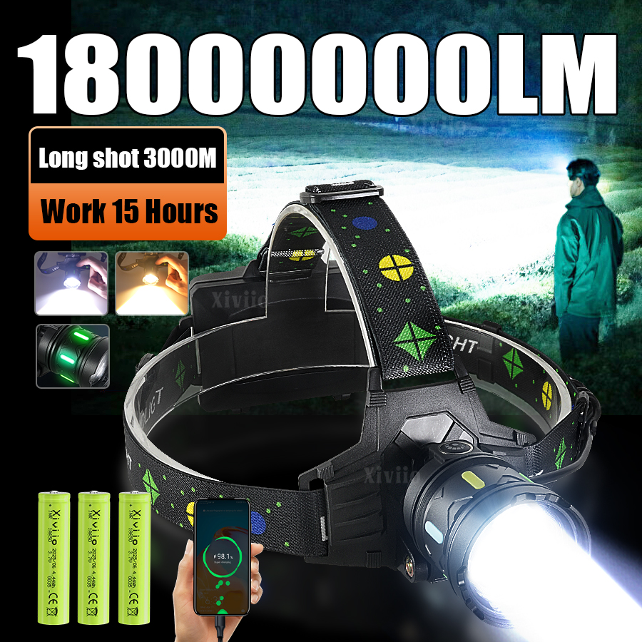18000000LM 最も強力なヘッドランプ白/黄色ライト充電式 LED ヘッドライト照明 3 キロキャンプ釣りヘッド懐中電灯