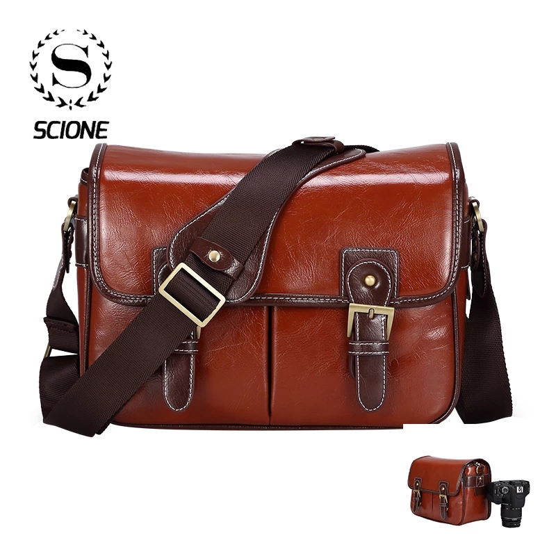 Scione カメラバッグ Pu レザーインナータンクデジタル一眼レフ写真カメラメッセンジャーバッグヴィンテージレトロショルダーサイドバッグキヤノンニコンソニー