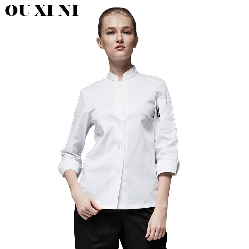 高品質白シェフシャツ長袖レストランコックジャケットホテルキッチン制服女性調理コートウェイトレス作業服