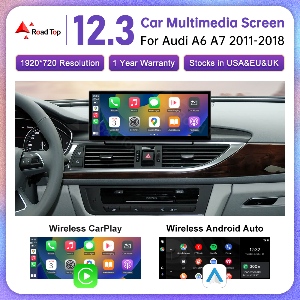 ロードトップマルチメディアステレオアウディ A6 C6 C7 A7 2011-2018 ワイヤレス CarPlay GPS ナビラジオプレーヤー Bluetooth 12.3 "タッチスクリーン