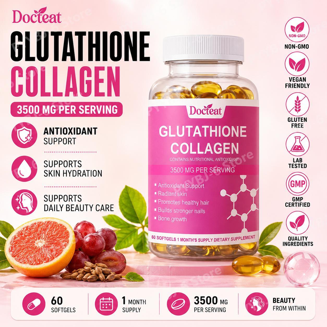 Docteat グルタチオン コラーゲン ソフトジェル 加水分解コラーゲン ビタミン C 抗酸化物質サポート 肌の水分補給 60 ソフトジェル