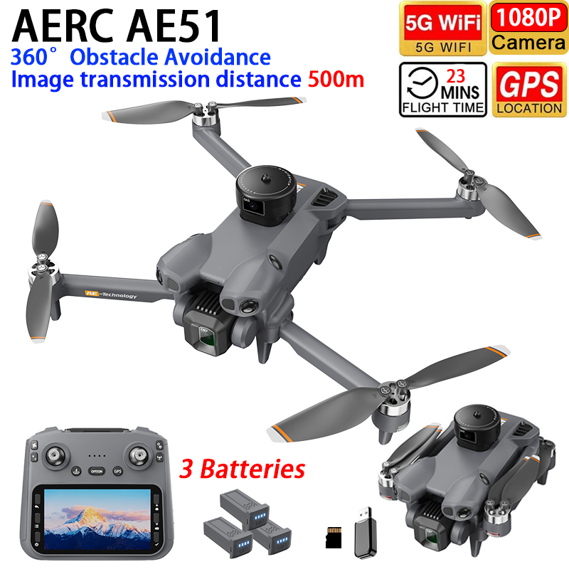 AERC AE51 ドローン GPS WIFI FPV ESC 1080P HD デュアルカメラ 360° 障害物回避 スマートフォロー エアドロップ クアッドコプター 4.5インチ画面