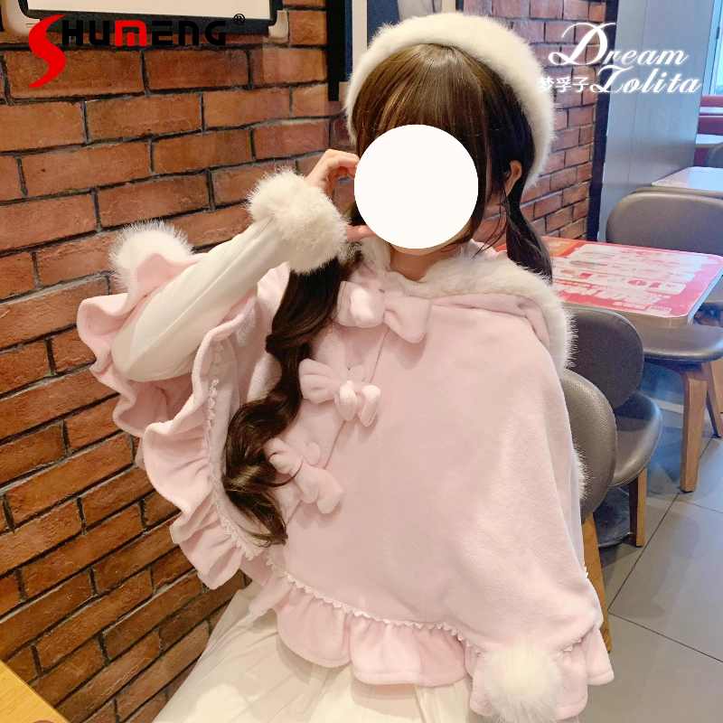 和菓子ロリータピンクフード付きマントポンチョ秋冬新 2025 ソフト女の子かわいい弓ウサギの耳ショートジャケット Y2k ケープ