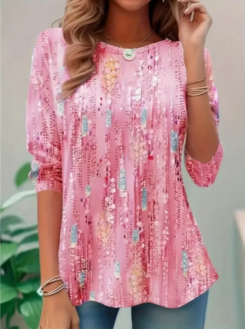 女性のプラスサイズ 1XL-5XL ファッションクォーター袖ラウンドネック Tシャツレディースカジュアルトップ春夏ファッショナブルな Tシャツ