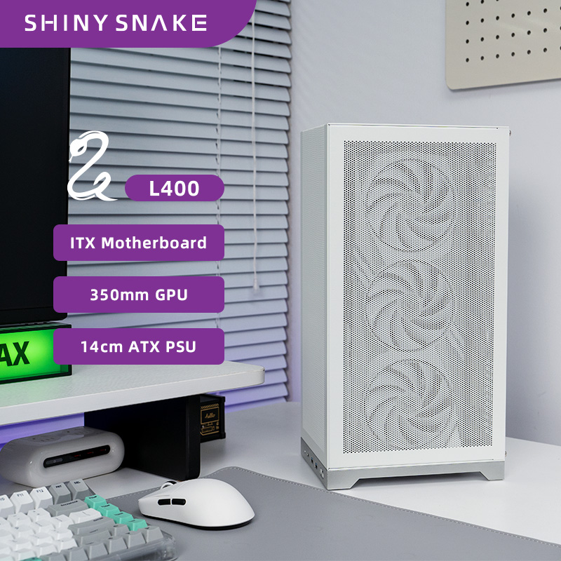ShinySnake L400 - 12.1L メッシュ ITX ケース - 350mm GPU / ATX PSU / 73mm クーラー / 3 ファン スロット / DP 1.4 ケーブル