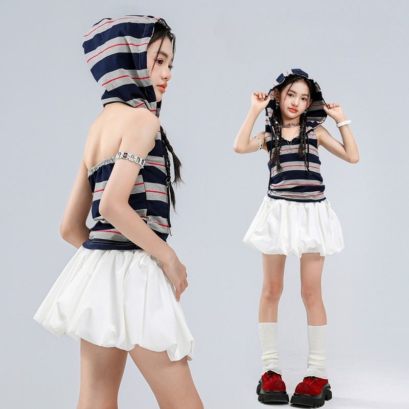Girls Street Dance Hip Hop Clothes Striped Hooded Vest White Skirt Cool Jazz Modern Dance Performance Costume Group Stage Wear
