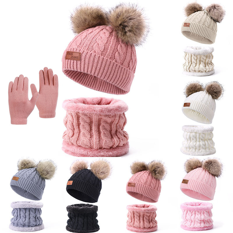 2025 冬暖かい子供帽子スカーフ手袋セット厚くニットポンポンビーニー赤ちゃんのためのソフトで居心地の良い