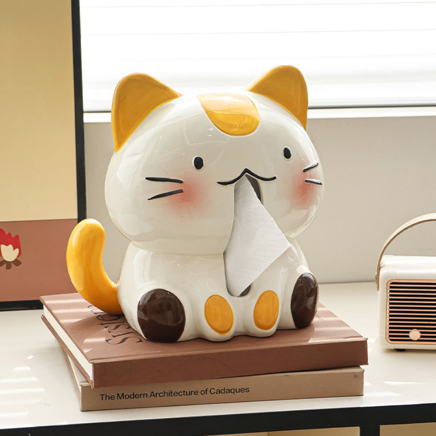 セラミック猫ティッシュボックス猫デザインフェイシャルペーパーディスペンサー面白い子猫ティッシュホルダーカウンタートップ化粧台ナイトスタンド寝室用