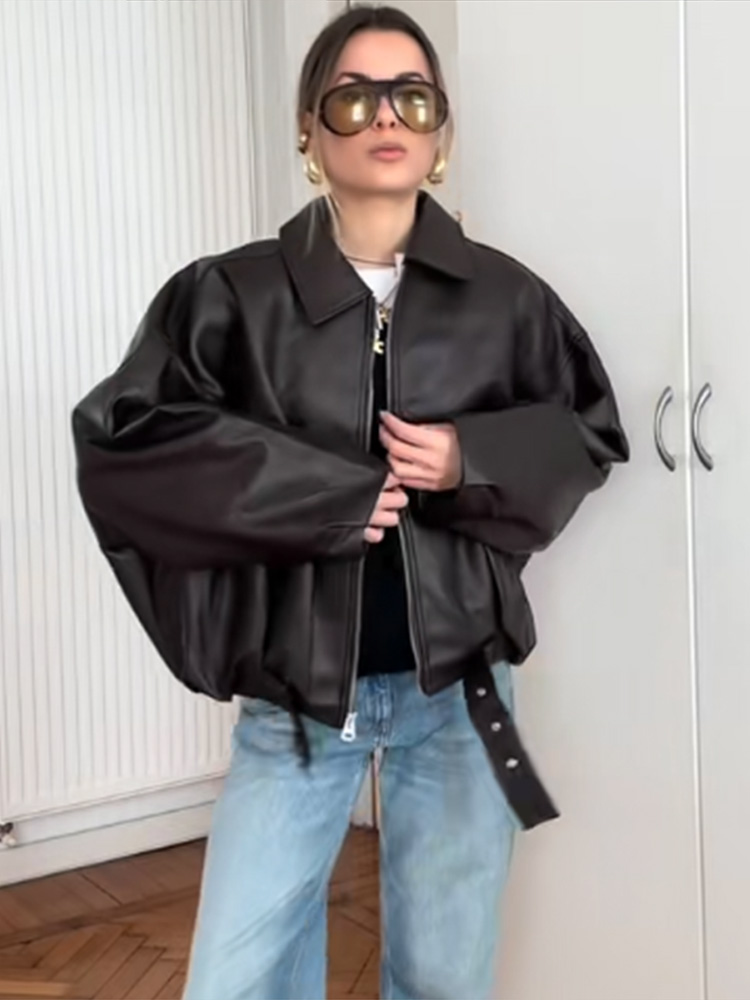 ヴィンテージ Pu レザー女性のショートジャケットルーズラペルオーバーサイズポケットフルスリーブジャケット女性 2026 新作春秋生き抜く