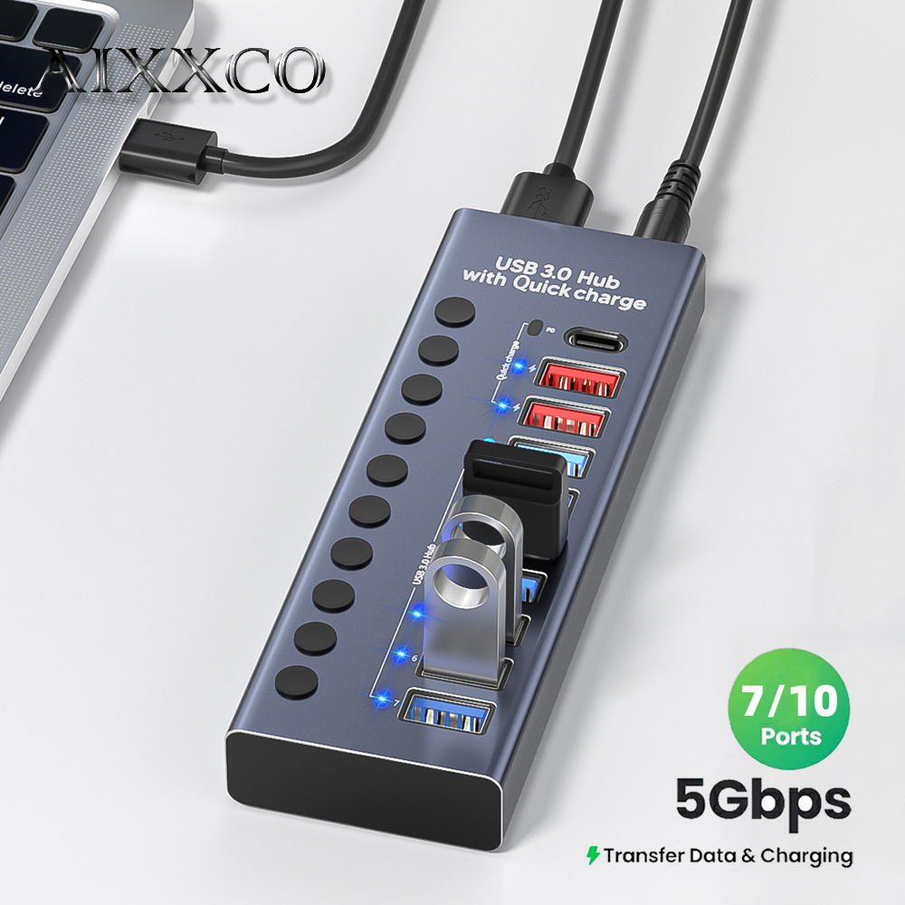 AIXXCO USB 3.0 ハブ スプリッター ソケット マルチ USB PD 充電ポート スロット プラグ オン/オフ キー スイッチ ドック電源アダプター PC ラップトップ用