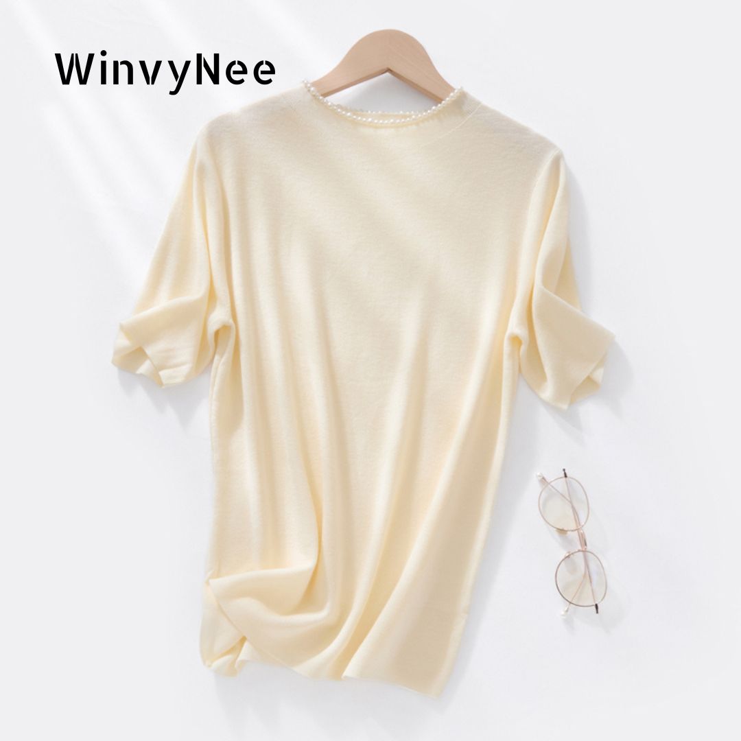 WinvyNee レディース エレガント 半袖 春夏 ウーステッド ウール ビーズ Tシャツ ソフト 軽量 ファッション ベーシック デイリー ZA1317004