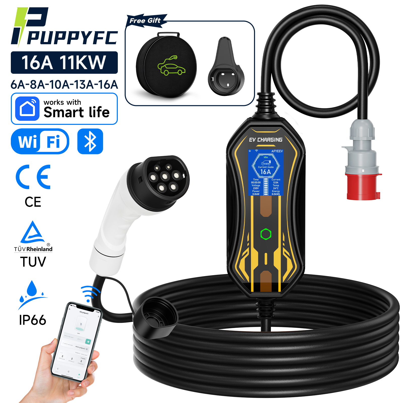 Puppyfc 11KW 16A Protable EV 充電器電気自動車用急速充電 Type2/GBT 充電器 5 メートルウォールボックス WIFI アプリ制御