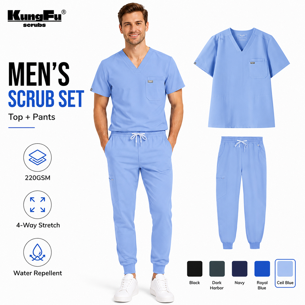 KUNGFU SCRUBS Mens Surgical Uniform Scrubs Set Soft Comfortable Antibacterial Medical Workwear Healthcare Top Pants