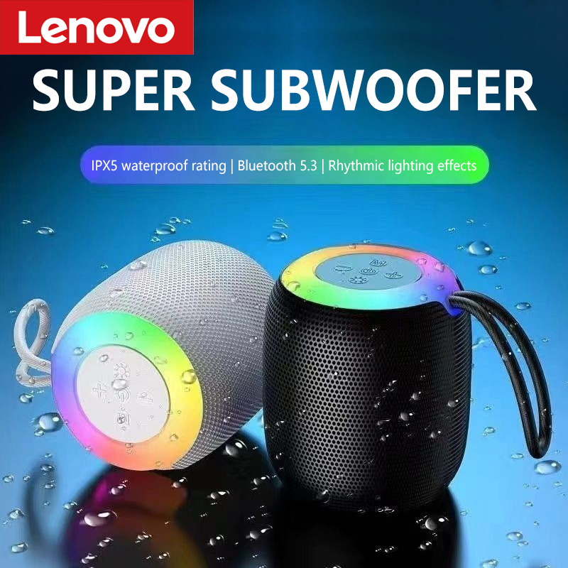 レノボミニ Bluetooth スピーカー防水ワイヤレスサブウーファースピーカーリズミカル LED ライトポータブルストラップ屋外パーティー用