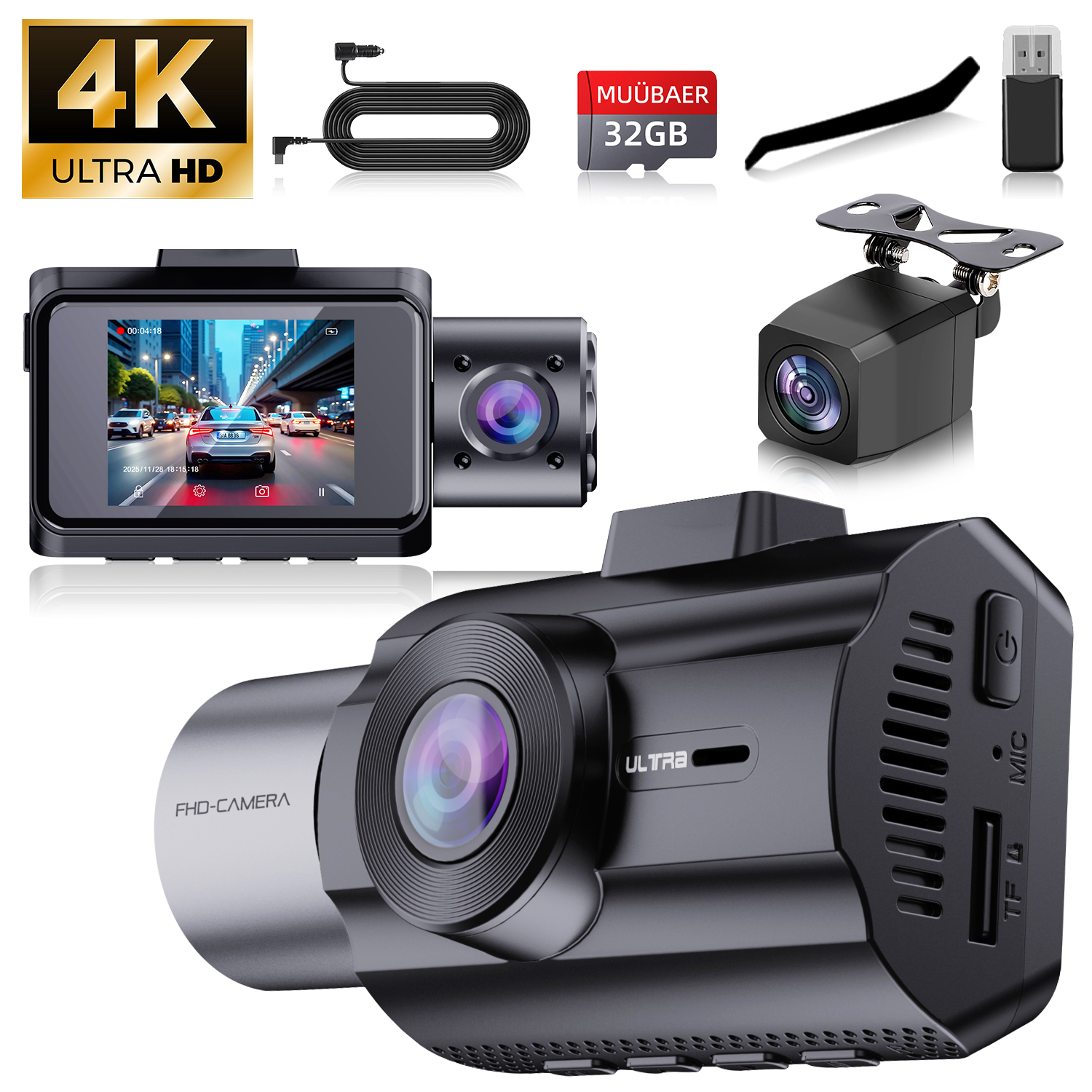 3チャンネル 4K ダッシュカム 4K 1080P フロントおよびリアダッシュカメラ IR ナイトビジョン 24 時間駐車モードサポート 最大 128GB