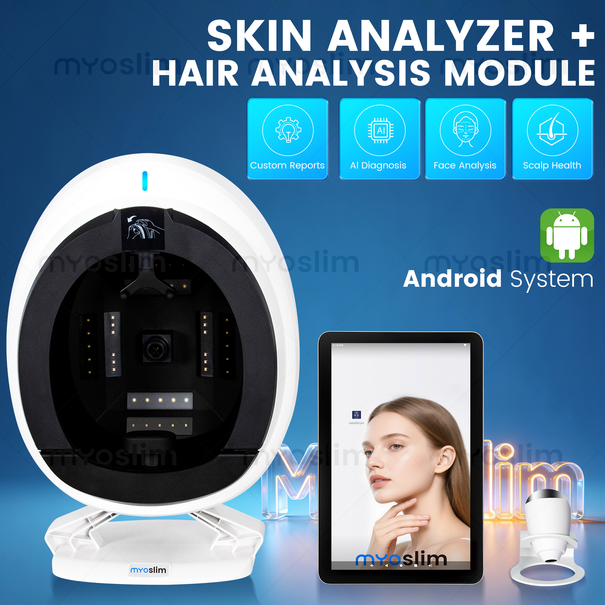 36M HD AI スキンアナライザー Q1pro 顔毛頭皮検出機 8 スペクトルイメージング Android 15.6 21.5 インチカスタムレポート
