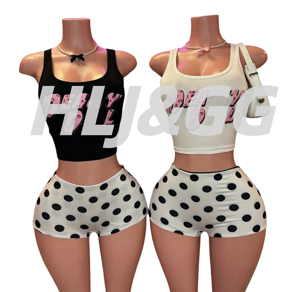 HLJ Y2K かわいい女性 2 ピースマッチングセットレタープリントノースリーブクロップベストハイウエスト水玉ショーツ夏のカジュアル衣装