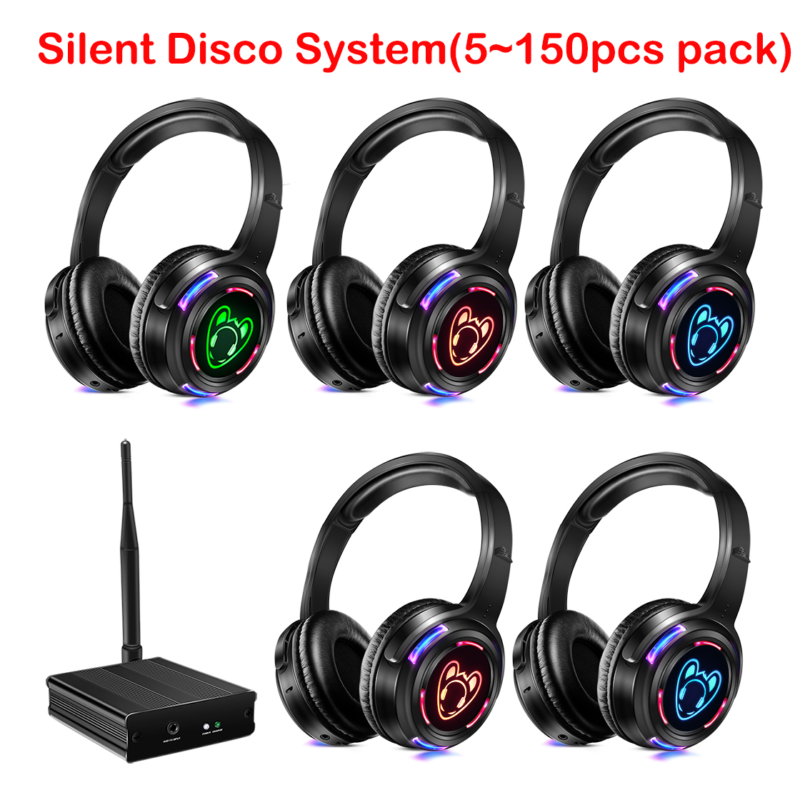 Silent Disco Compete System ブラック LED ワイヤレスヘッドフォン - 静かなクラブパーティーバンドル (5 ヘッドセット 1/2/3 トランスミッター)