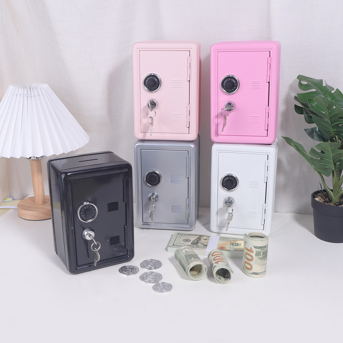 1 PC ソリッドカラーのコイン式金属貯金箱、コンビネーションロックキー付きの安全な現金保管ボックス、デスクトップ装飾製品