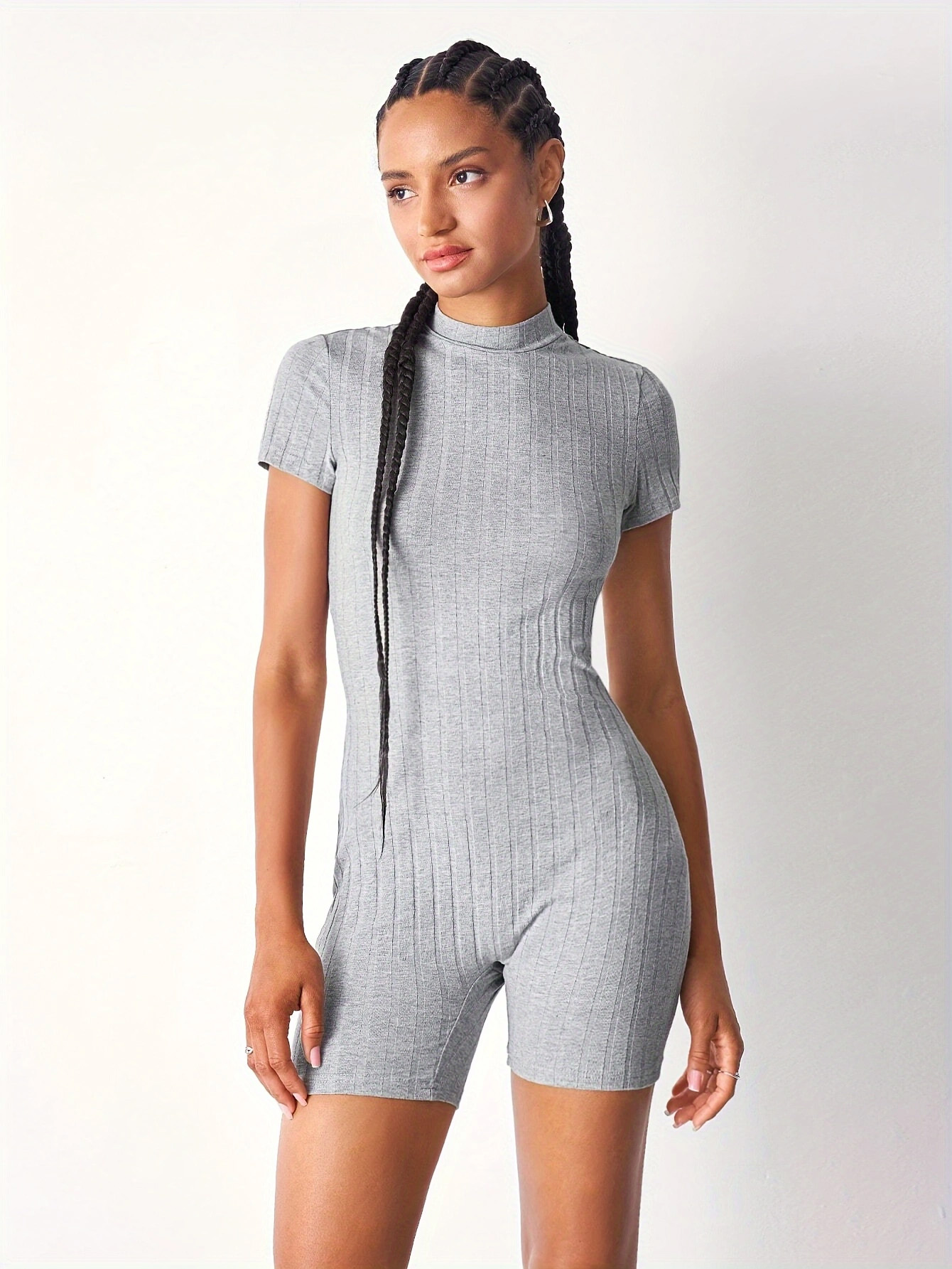 Womens Rib-Knit Mock Neck Bodycon Romper Jumpsuit - Casual Short Sleeve, High Neck, Solid Color- Perfect for Daily wear