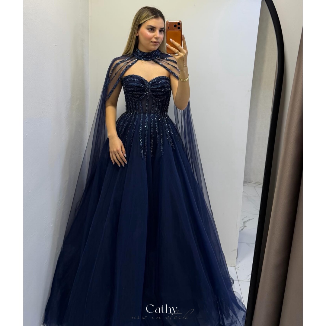 Cathy カスタマイズ ネイビーブルー 恋人ネック 取り外し可能なケープ プロムドレス スパンコール Aライン Vestidos de noche マキシレングス フォーマル 2026