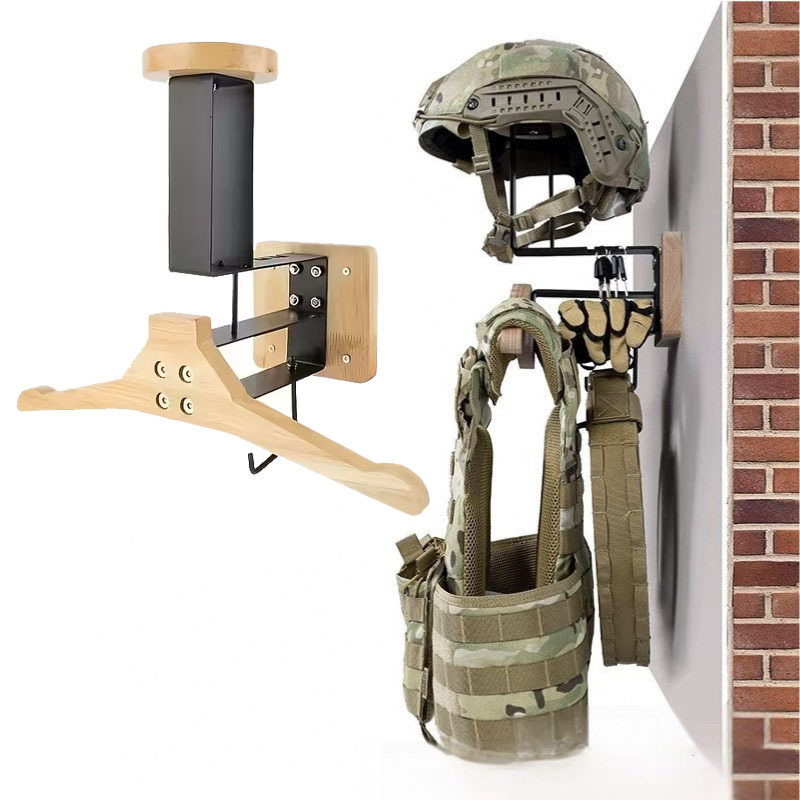 ステンレス鋼壁マウントオートバイヘルメットホルダー木製収納オーガナイザータクティカルギアベストアクセサリー
